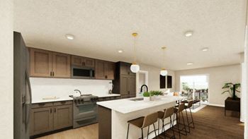 A kitchen with a large island and a stove top oven